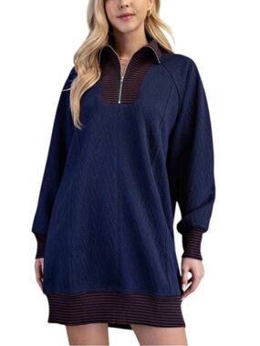 Harlow Navy and Brown Ribbed Zip-Front Sweater Dress